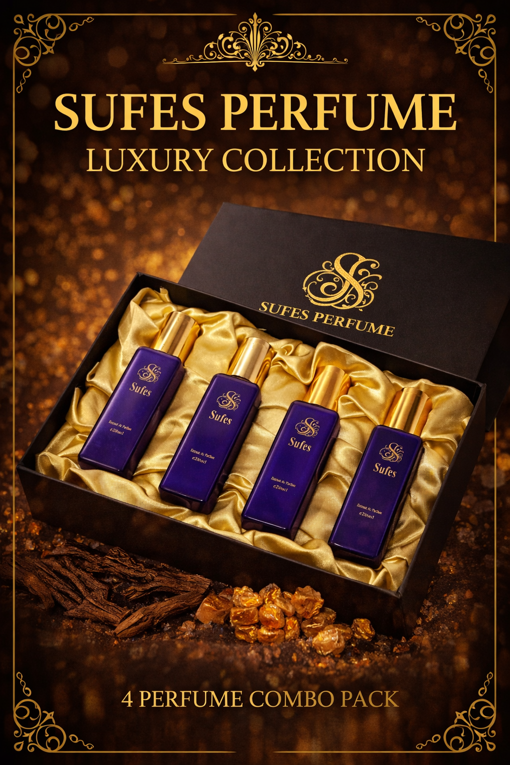 SUFES PERFUME 4 Pack Combo – OUD SHAHID, AROOS LADY, HONEY ROSE & MARCO VIBE | Long Lasting Luxury Fragrance Set