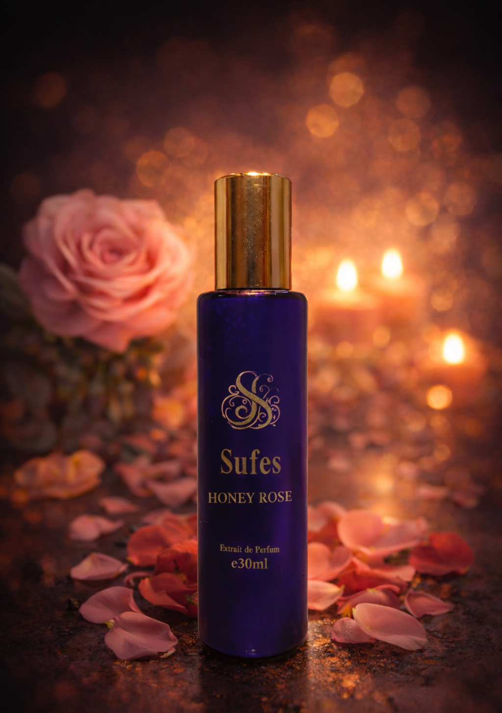 Perfume bottle labeled 'Sufes Honey Rose' with a blurred candlelit background