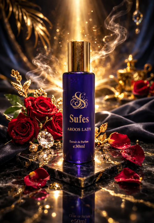 Sufes Aroos Lady perfume bottle with red roses and decorative elements on a dark background