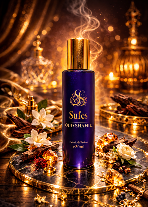 Sufes Oud Shahhid perfume bottle on a decorative tray with flowers and candles.
