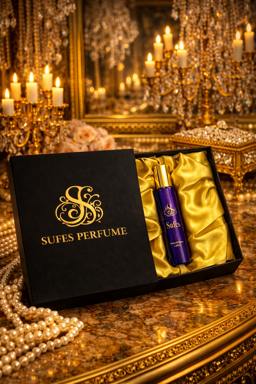 Sufes perfume bottle in a black box with gold interior, surrounded by candles and decorative mirrors.