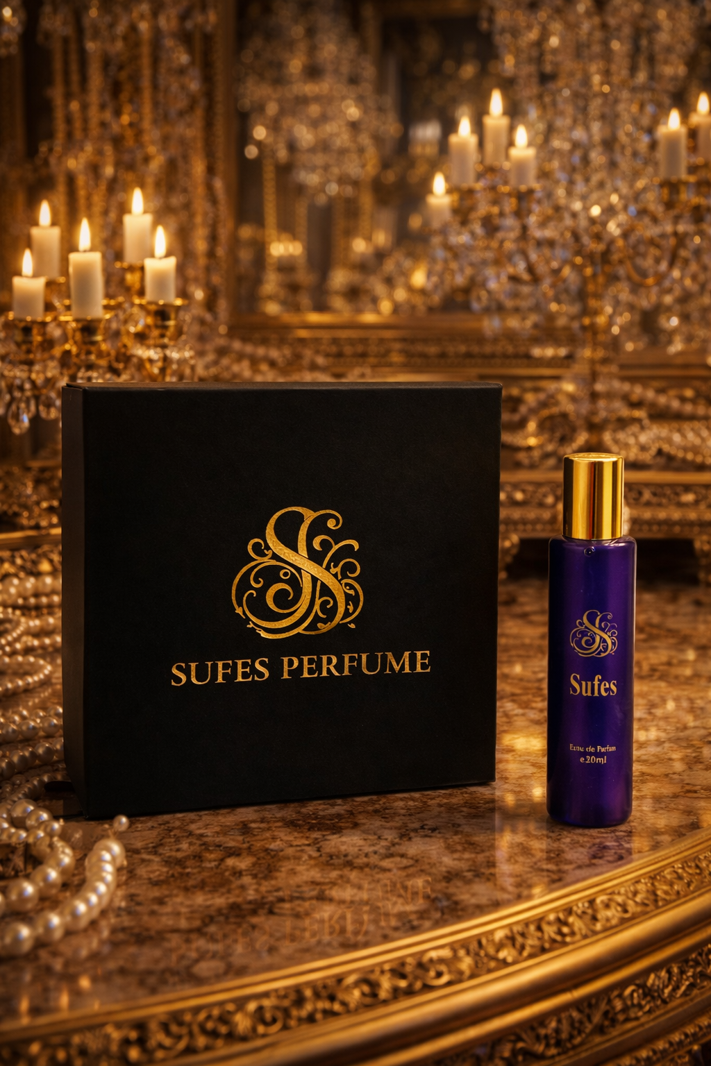 Sufes perfume bottle and packaging on a decorative surface with candles and mirror in the background