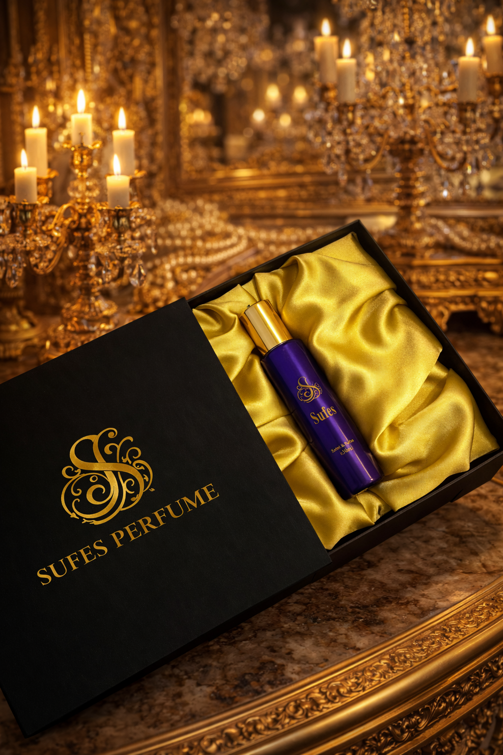 Sufes Perfume bottle in a black box with gold interior, set against an ornate background.