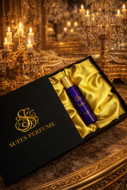 Sufes Perfume bottle in a black box with gold interior, set against an ornate background.